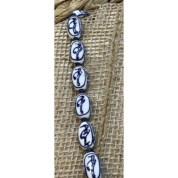 VTG Chinese Export Hand Knotted Painted Blue White Porcelain Bead Bird Necklace - Picture 5 of 8